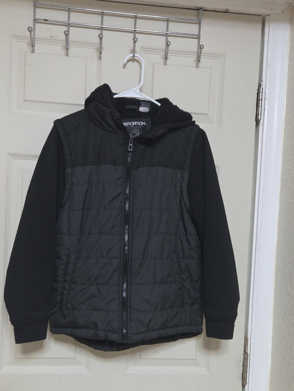 Distortion Kids Puffer Jacket Black Sherpa Hooded Winter Coat Size 10/12 M.